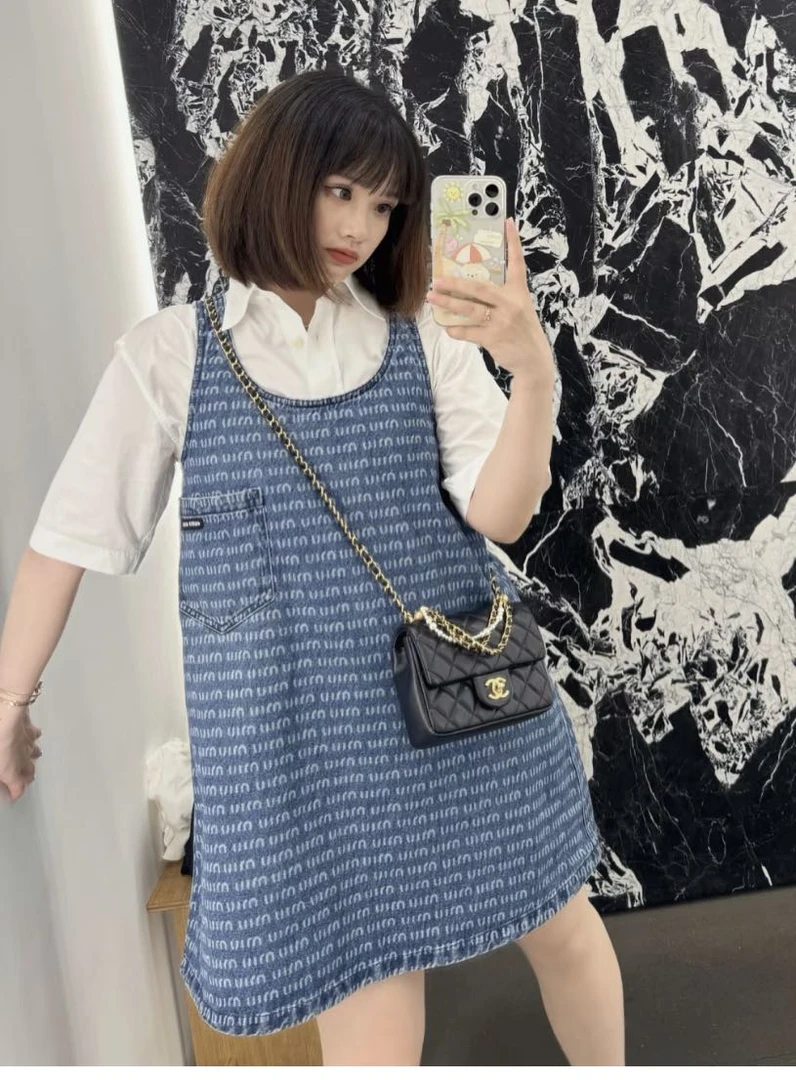 99新 MIU MIU/缪缪 bb1534  棉 弹幕logo牛仔连衣裙 38码