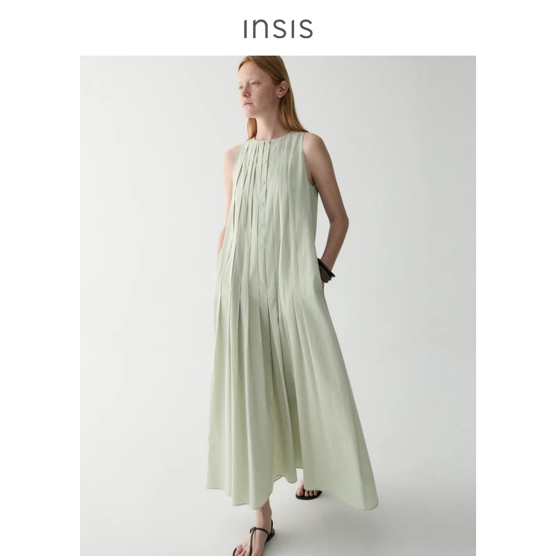 INSISFEMME天丝棉质2025夏季新款简约塔克褶A摆挖肩无袖连衣裙女
