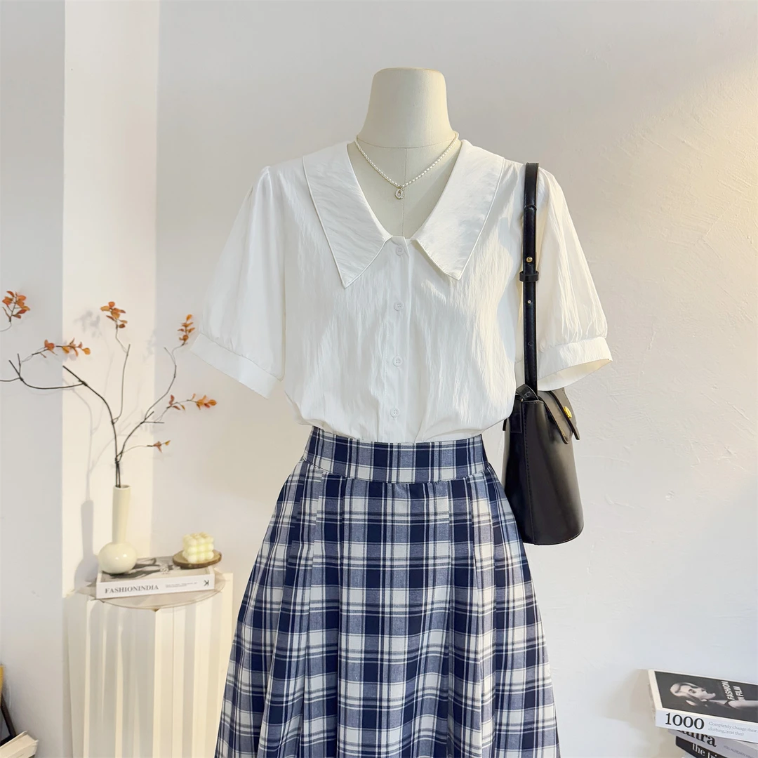 白色法式翻领泡泡短袖衬衫女2025夏新款宽松百搭通勤衬衣气质上衣