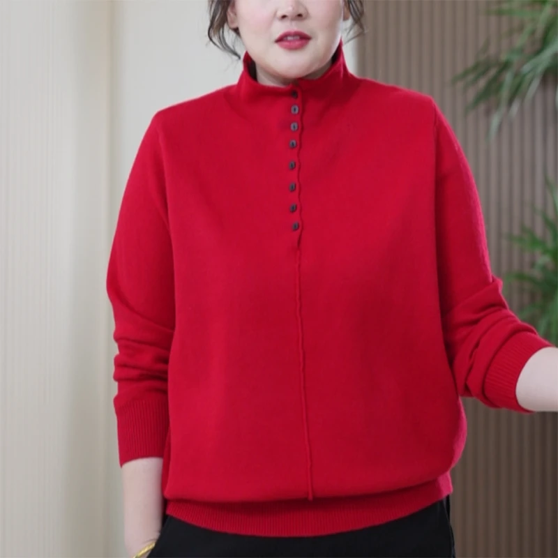 6色千绒纱卷边半高领针织衫套头软糯亲肤韩系大码时尚冬季上衣女