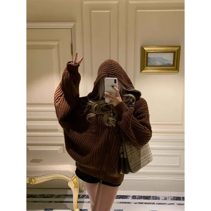 2025年秋冬新款ins懒惰松弛感加厚保暖开衫连帽毛衣开衫外套女