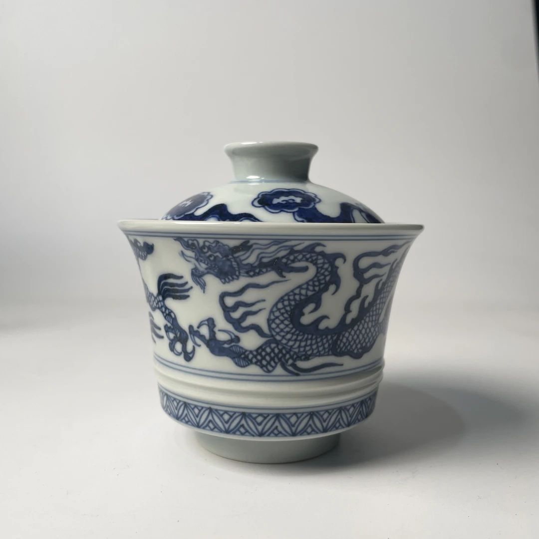 【至贤堂】青花双龙马蹄盖碗