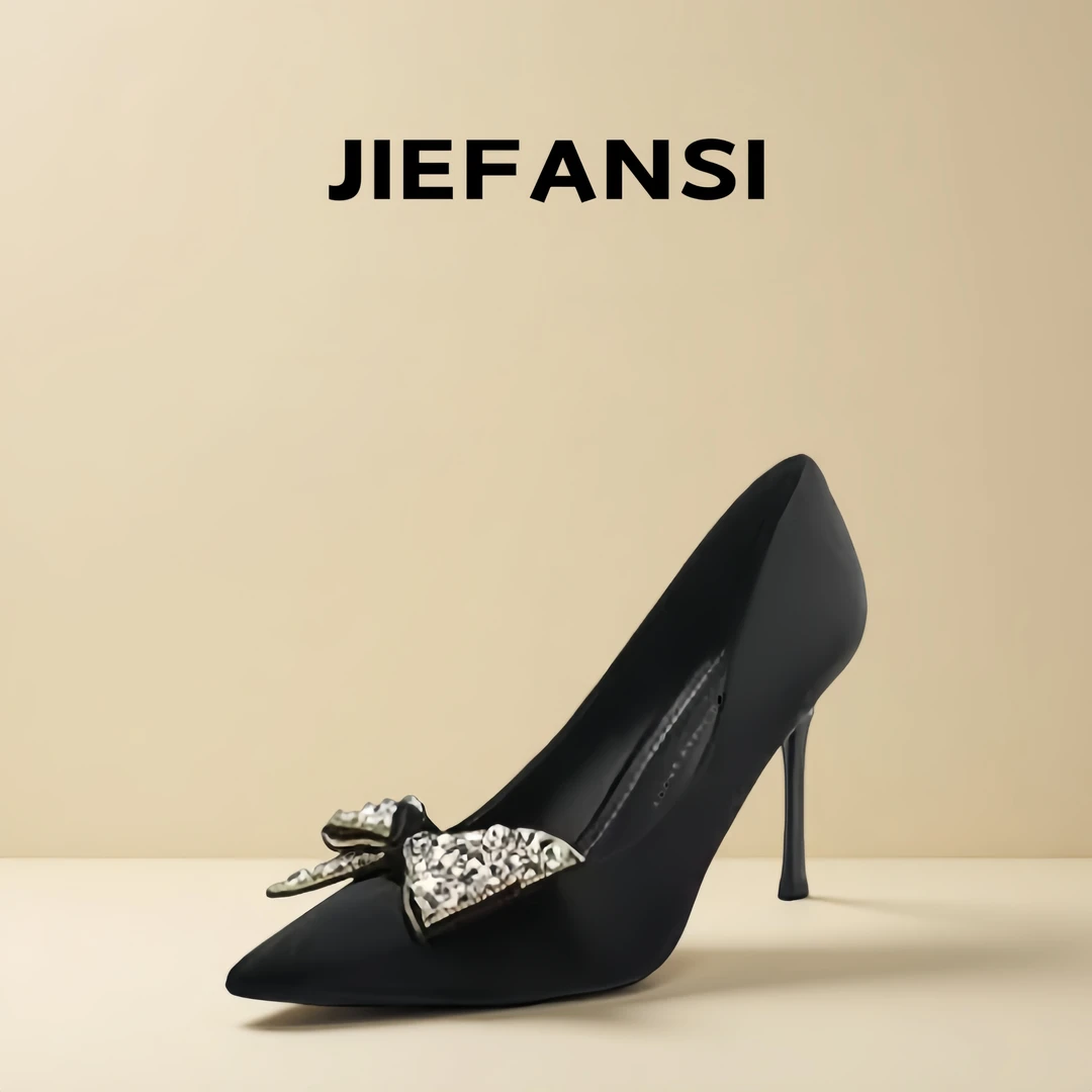 法式气质蝴蝶结高跟鞋2025新款夏季细跟浅色水钻尖头高跟鞋细跟女