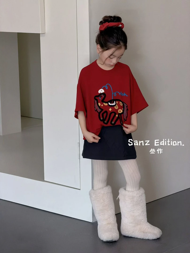 新年爆款红体恤中大童时尚宽松休闲上衣童装