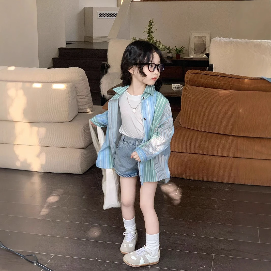 2025春韩版休闲轻薄条纹衬衣儿童春夏装长袖时髦女童防晒洋气衬衫