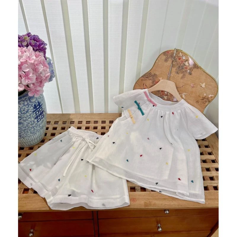 CCMA新中式女童苎麻套装女宝宝打底衫2025夏季新款国风刺绣上衣女