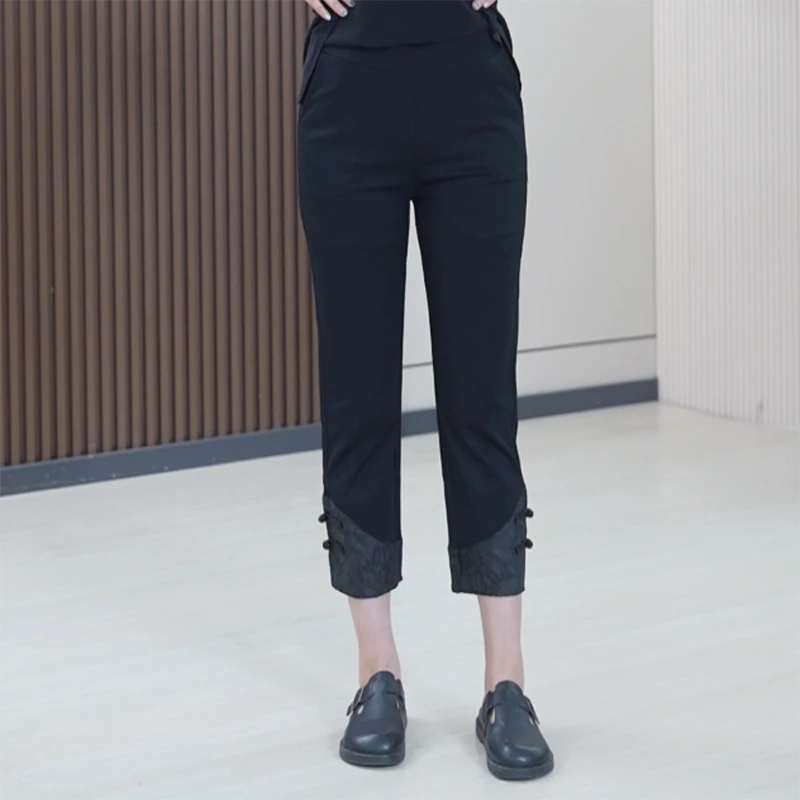 复古盘扣国风烟管裤女大码弹力时尚提花九分显瘦直筒中式休闲裤