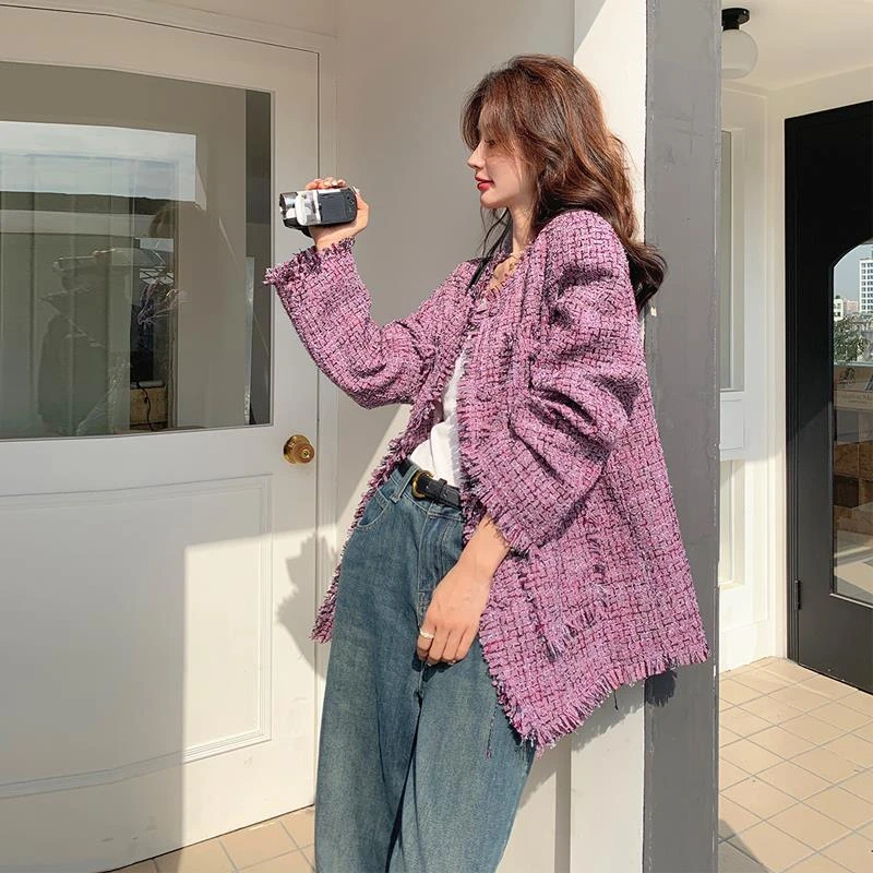 紫色名媛小香风外套女春2025新款爆款高级感编织流苏气质宽松上衣