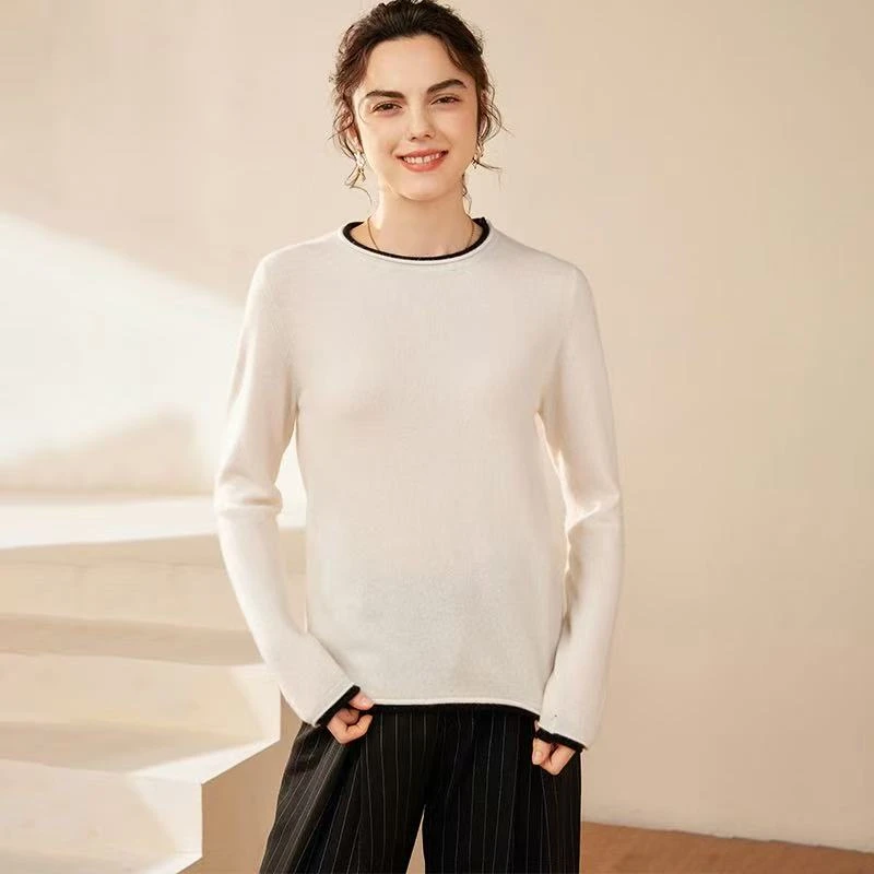 100%纯山羊绒圆领假两件针织衫女24秋新品宽松休闲通勤套衫