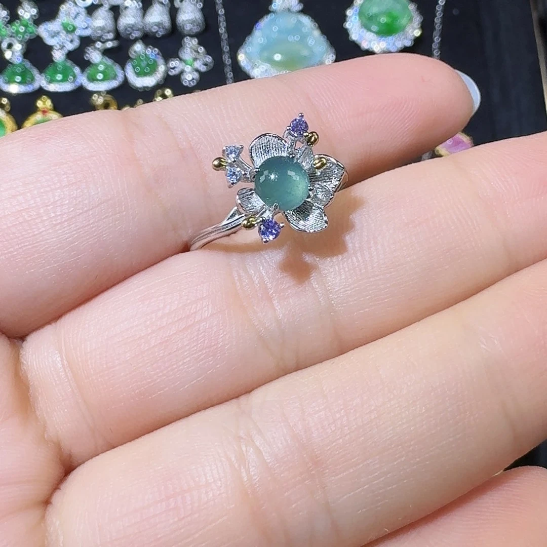 翡翠戒指银S925镶嵌花