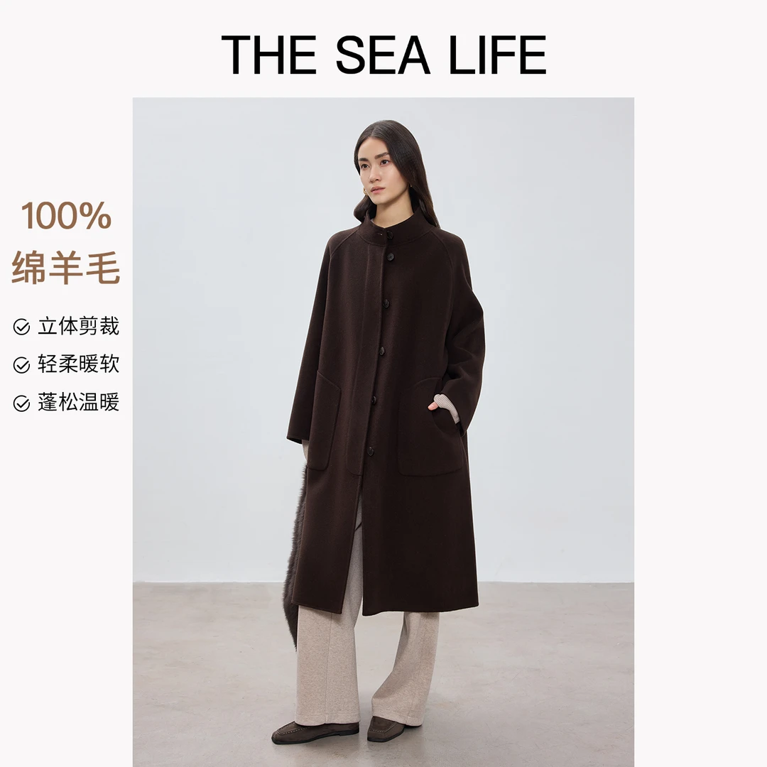 【100%绵羊毛】欧海一生冬季老钱风立领长款大衣女thesealife18139