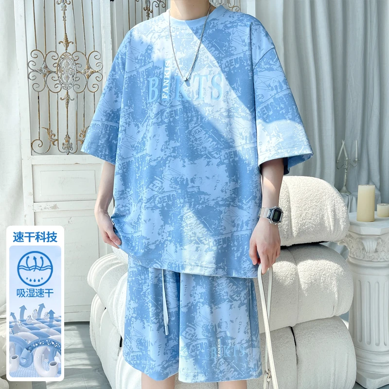 冰丝t恤男士夏季新款宽松潮流休闲男生薄款运动速干短袖短裤套装