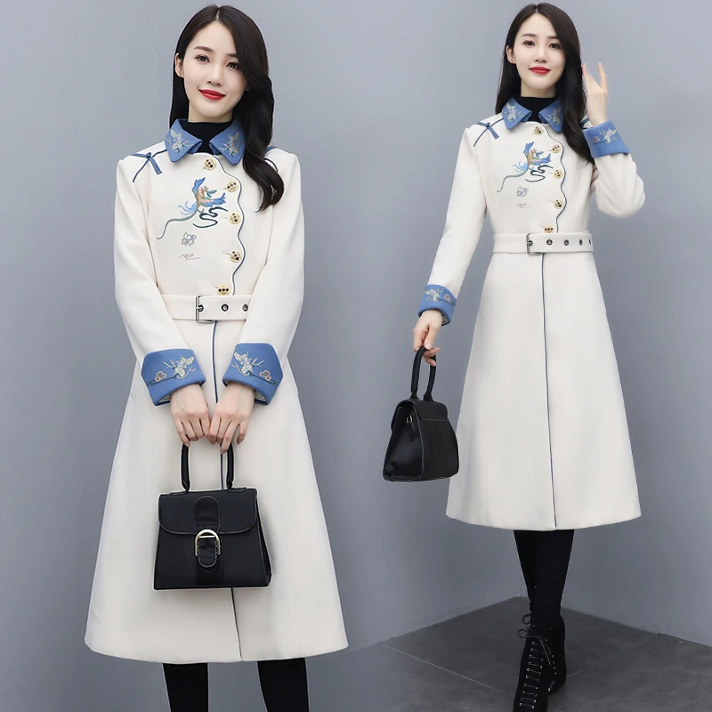 毛呢外套女中长款2025春秋新款时尚复古风刺绣收腰显瘦呢子大衣潮