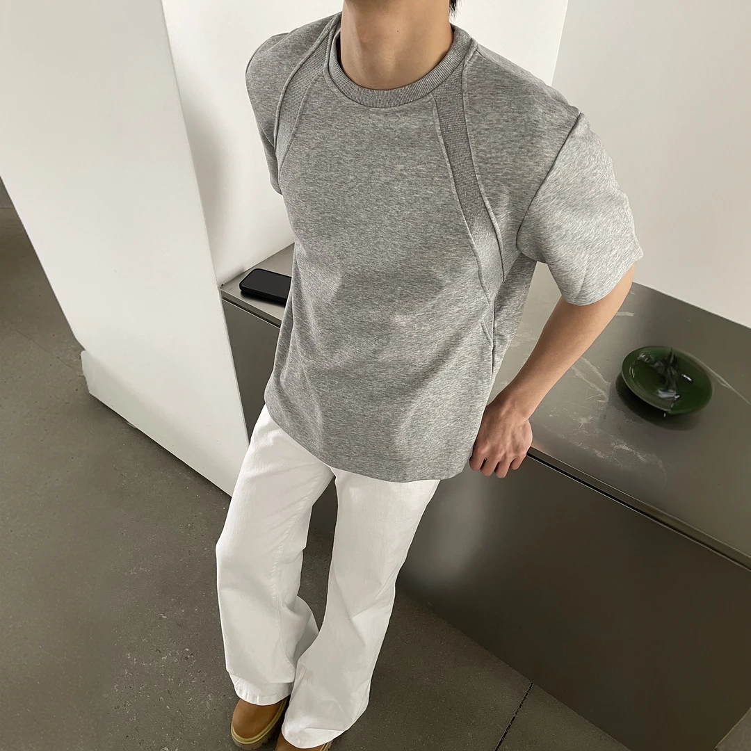 280g澳产氨纶太空棉空气层拼接短袖T恤抗皱硬挺短款boxy版型百搭