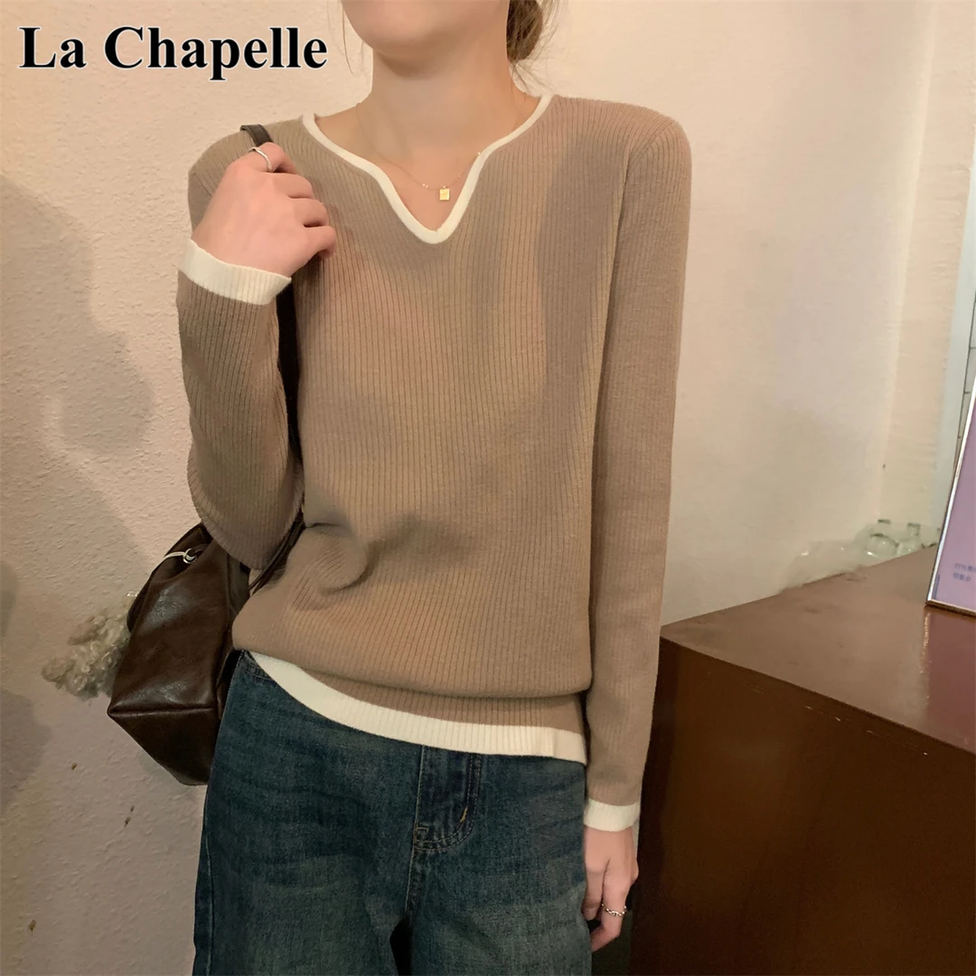 拉夏贝尔2025秋冬新款韩版气质宽松显瘦V领内搭针织打底衫毛衣女