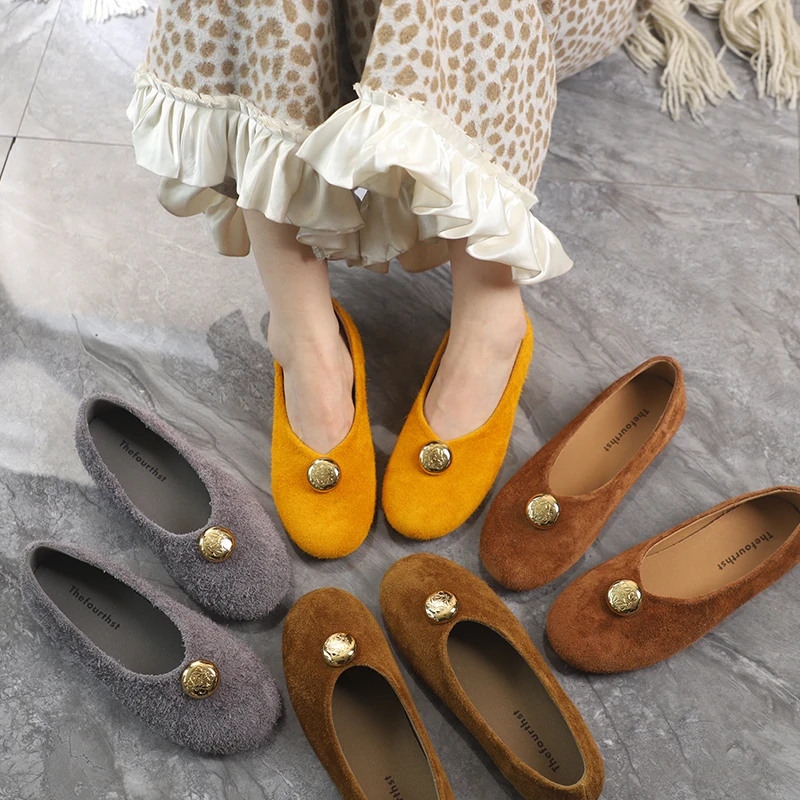 韩版真皮浅口平底一脚蹬单鞋2025春季新款复古翻毛皮瓢鞋懒人鞋女