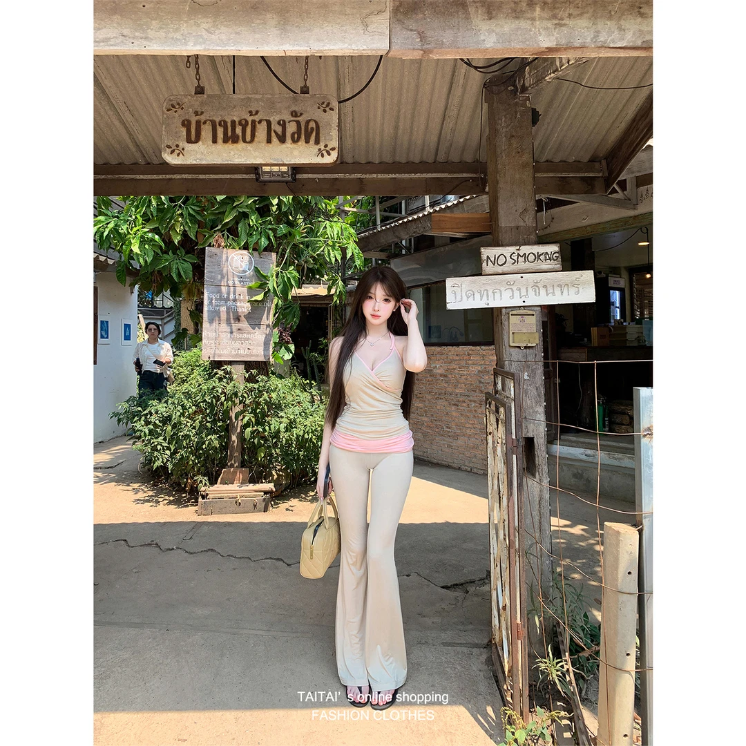 TAITAI 莫代尔撞色褶皱交叉吊带上衣加宽腰头微喇休闲长裤套装