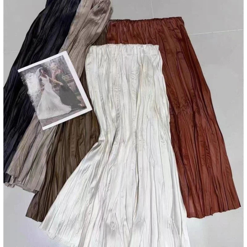 显瘦褶皱中长裙 复古风百搭松紧腰大摆半身裙