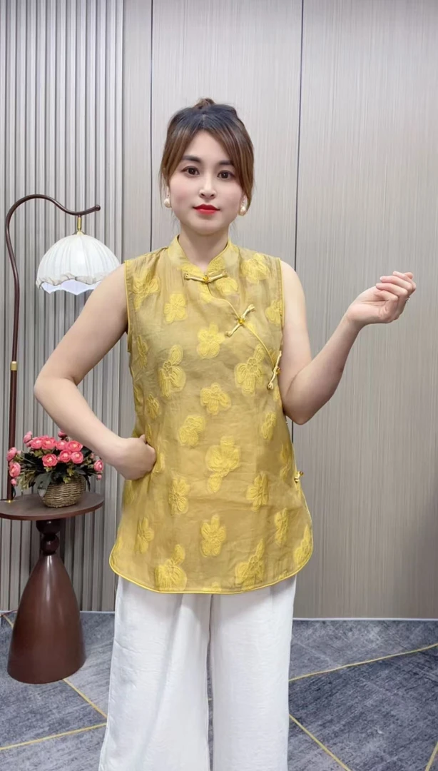 新中式国风无袖上衣女夏季2025新款宽松洋气小衫盘扣坎肩背心衬衫