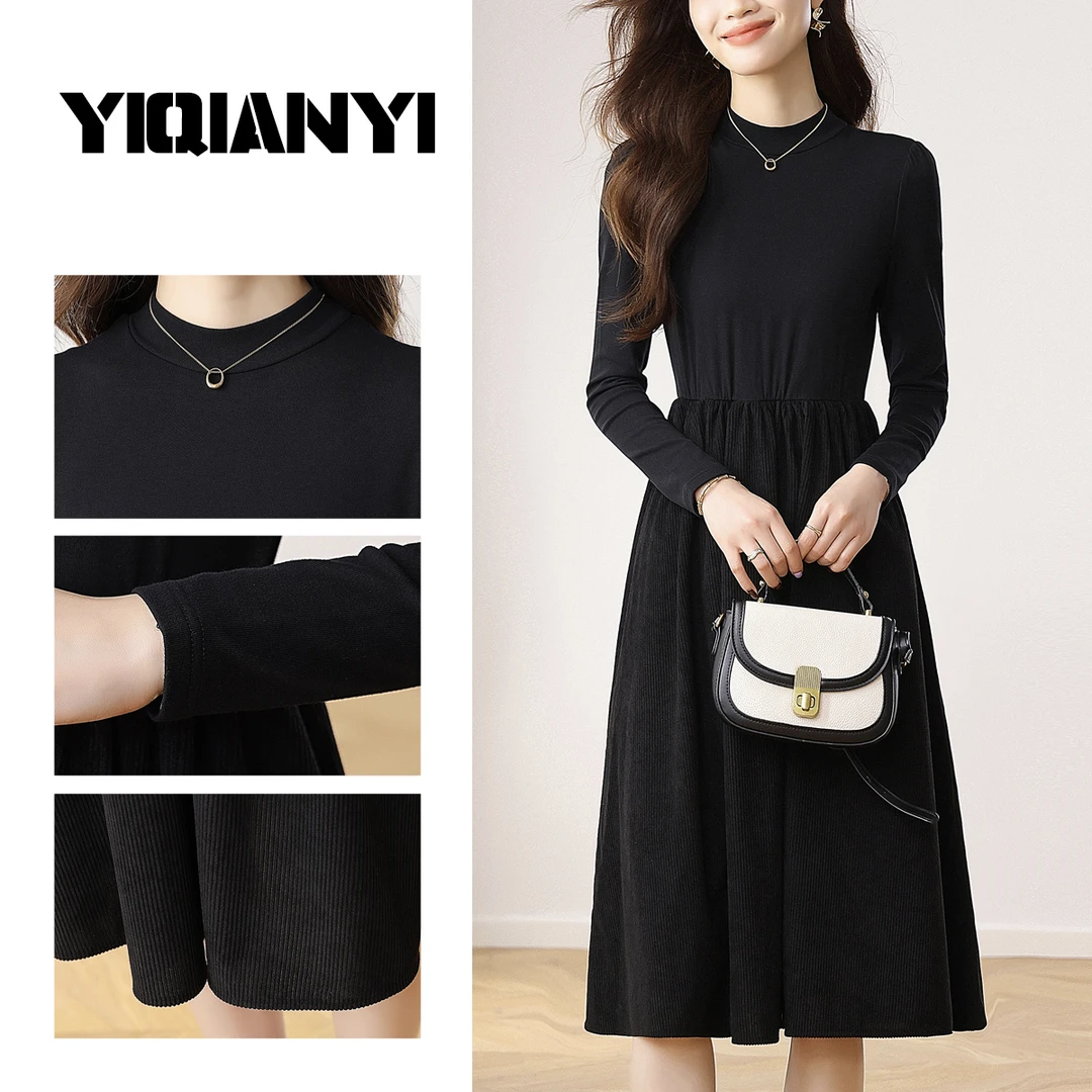 春季半高领连衣裙慵懒针织收腰裙长袖中长款时尚裙子黑色春秋