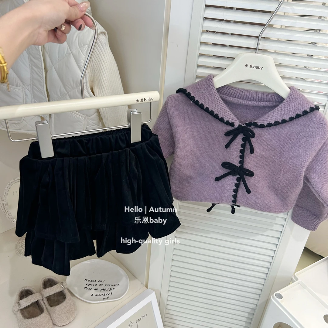 【乐恩童装】女童秋冬季洋气紫色蝴蝶结毛衣百褶半身裙时髦洋气套装