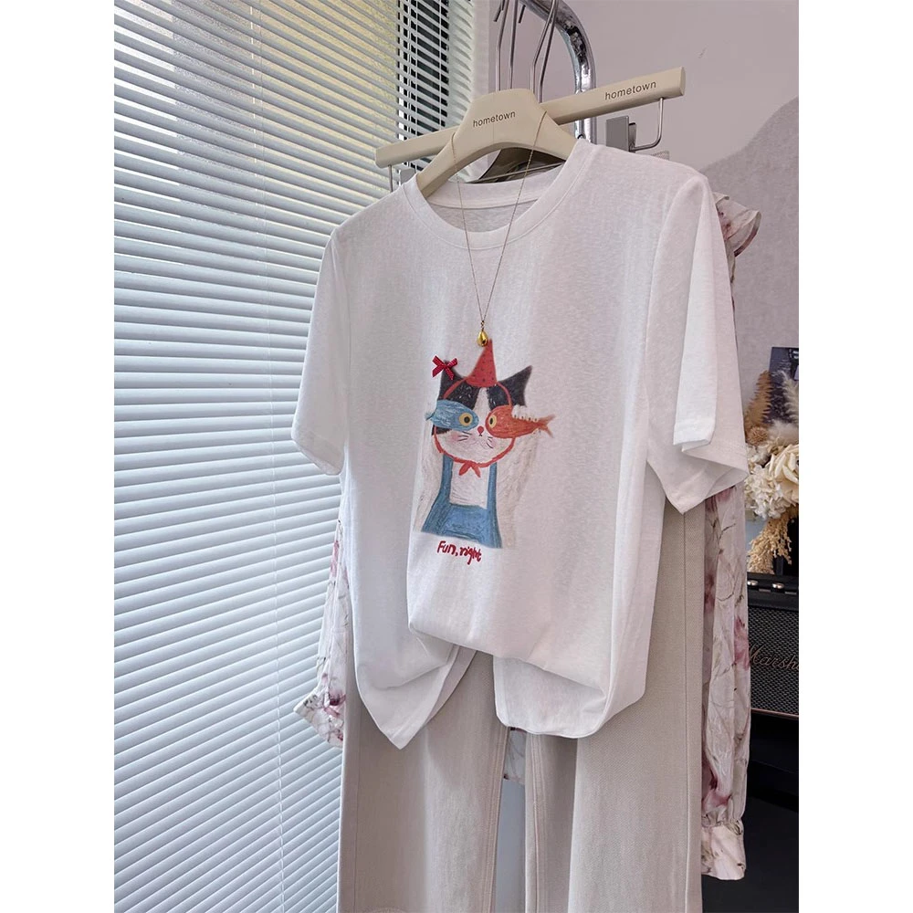 胖妹妹大码蝴蝶结卡通小猫印花雪花棉短袖T恤女夏季薄款宽松上衣