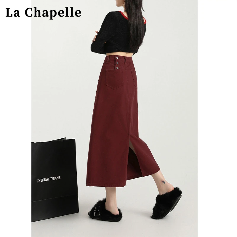 拉夏贝尔安可拉红牛仔半身裙女春秋高腰后开叉休闲a字包臀长裙子