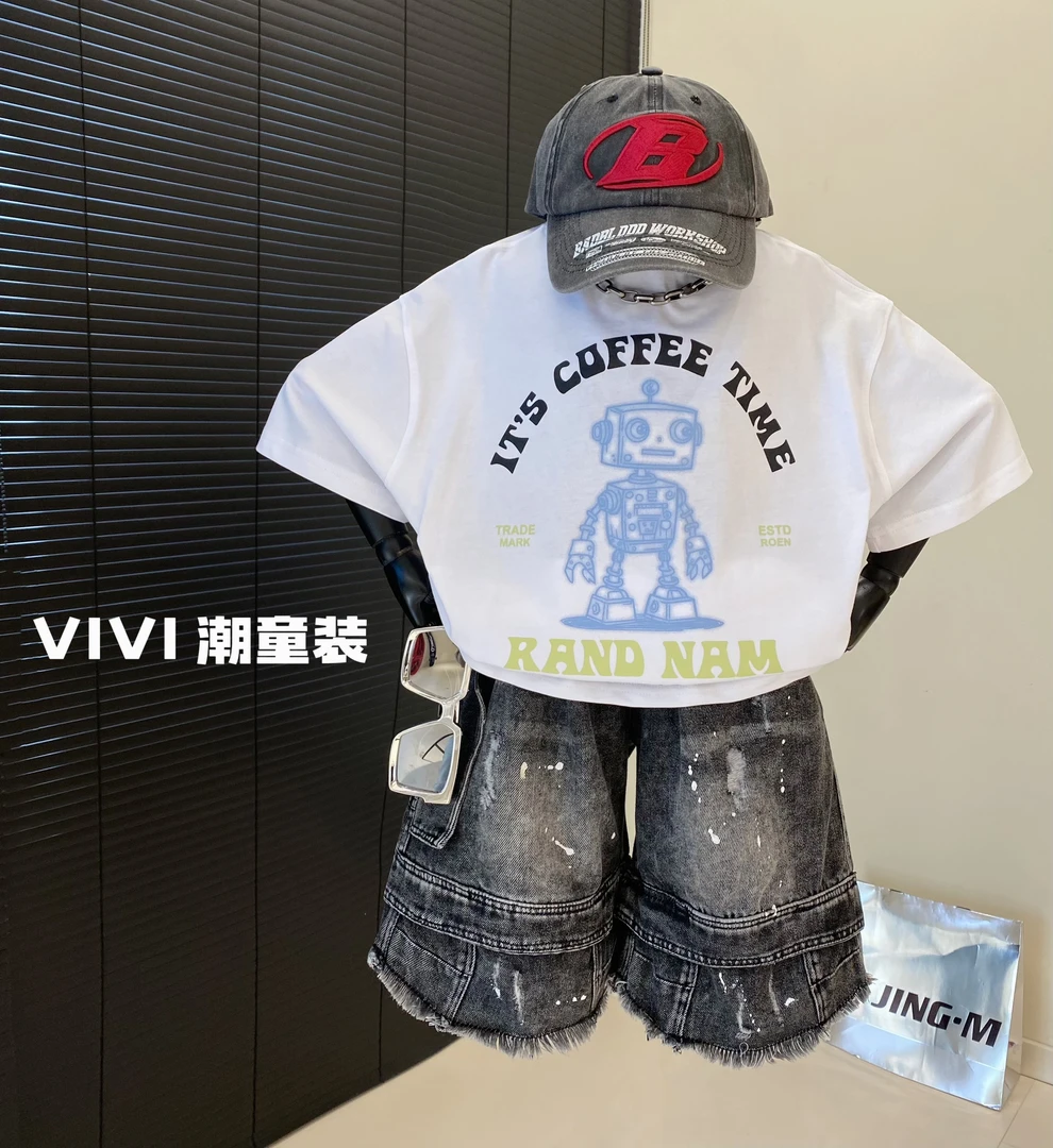 VIVI韩版童装2025夏季潮牌中大童夜光机器人印花短袖T恤宝宝儿童
