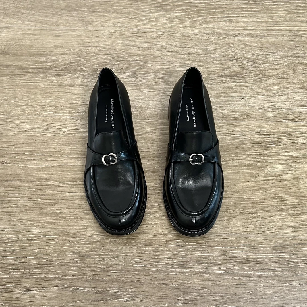 Dannyfrey新款头层牛皮法式复古百搭中跟女舒适皮带扣乐福鞋3.5CM