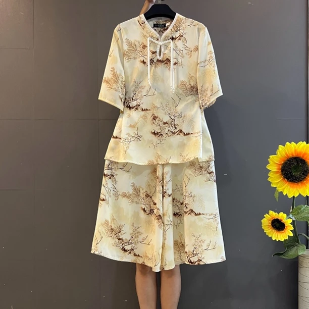 新款时尚洋气中式风宽松遮肚显瘦上衣搭配松紧腰阔腿裤两件套