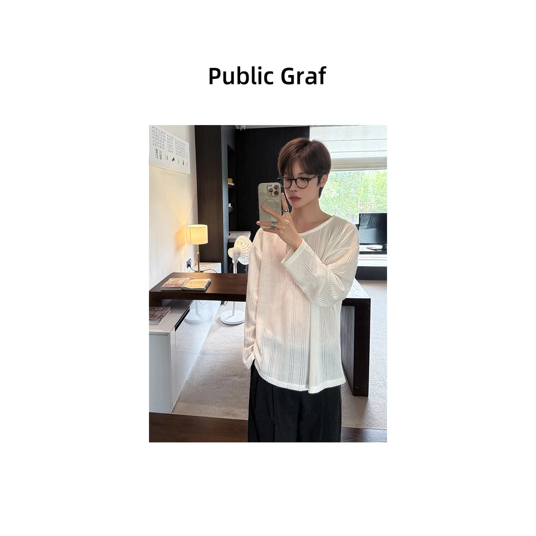 高林凡 小众镂空肌理设计感条纹长袖T恤宽松百搭薄款防晒针织衫