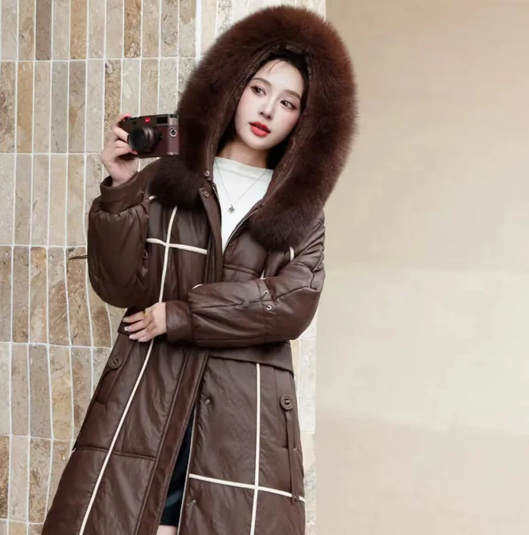 818高端真皮鹅绒羽绒服修身狐狸毛领连帽冬季绵羊皮衣加厚保暖女