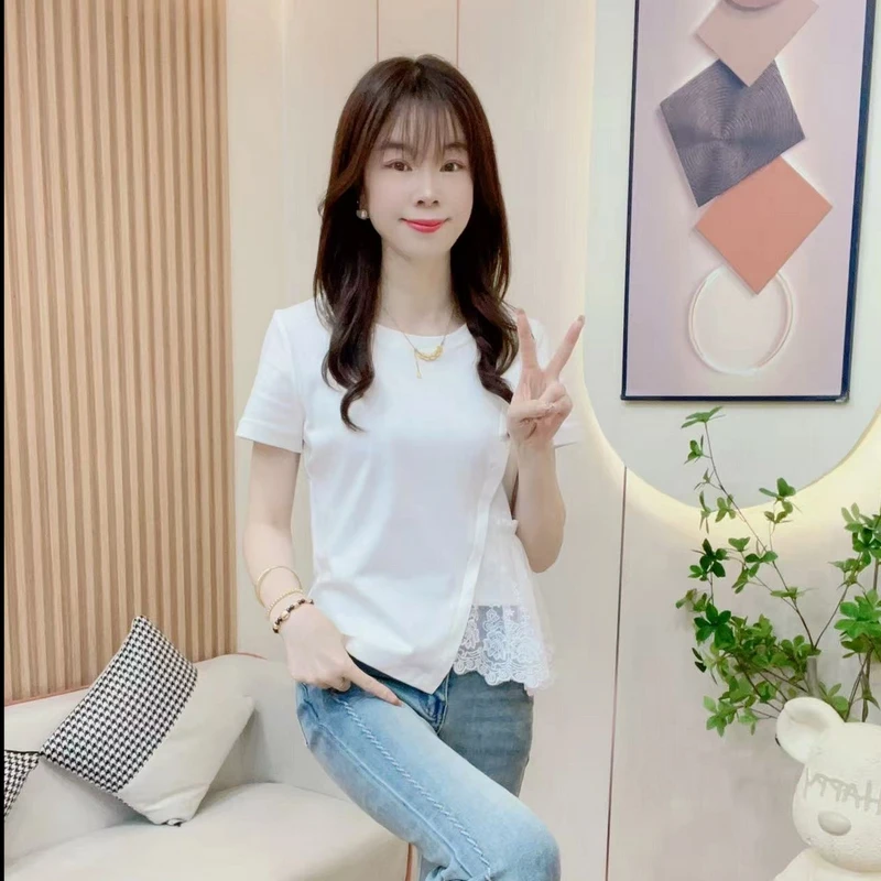 【赠运费险】新款洋气蕾丝拼接不规则时尚百搭显瘦T恤上衣小衫白色