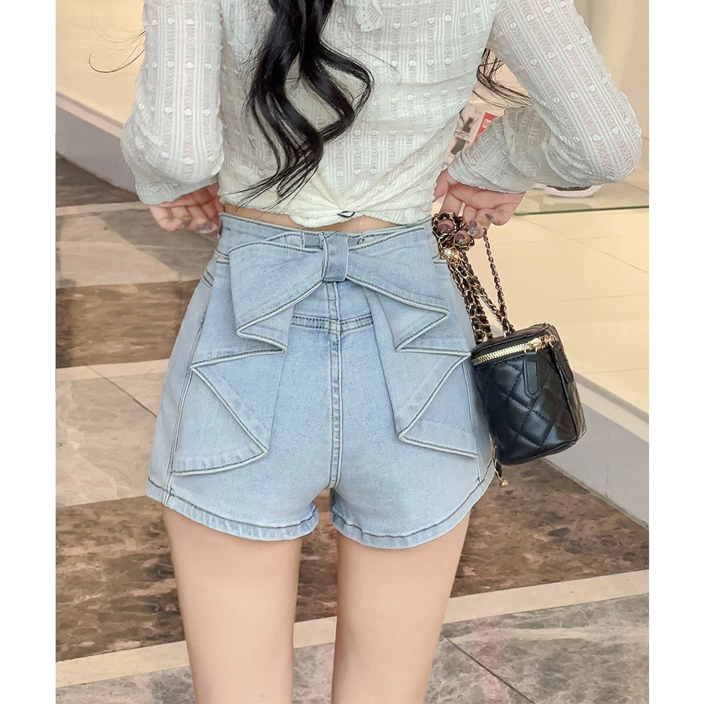 0649淡蓝立体蝴蝶结牛仔短裤2025年夏款漫画少女弹力高腰显瘦热裤