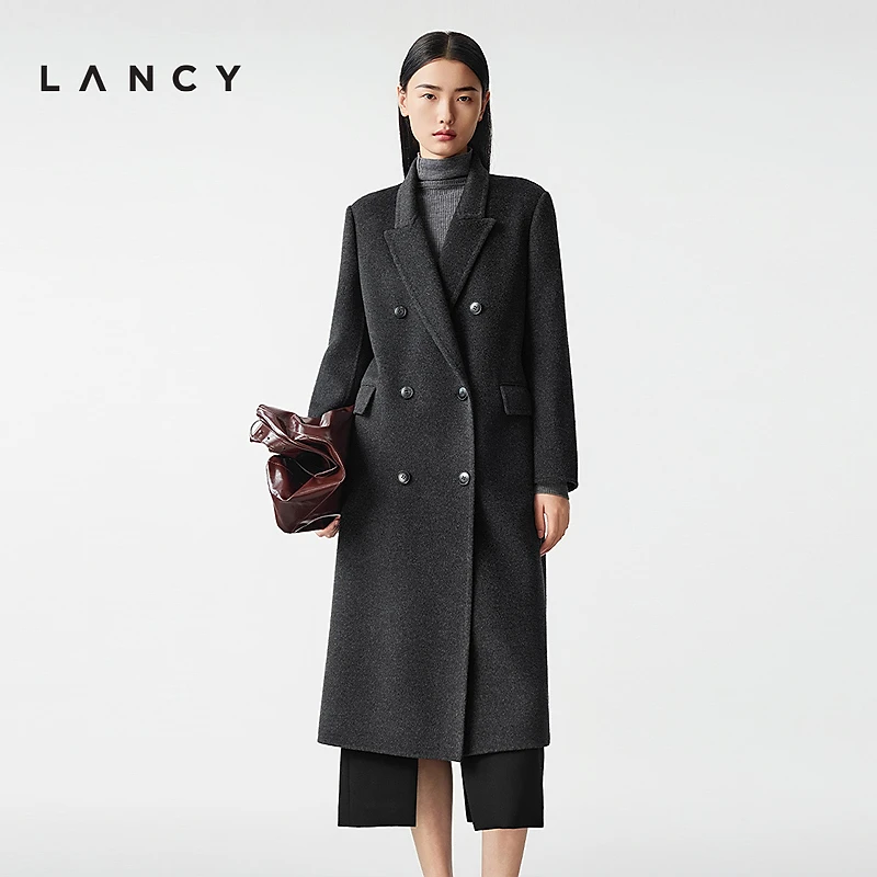 【羊毛羊绒】LANCY/朗姿2025冬新款双面呢西装领长大衣百搭外套女