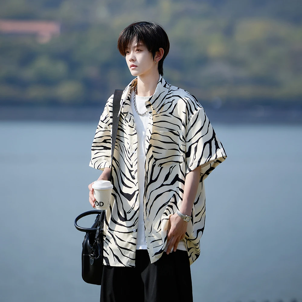 MEDM CHAM短袖衬衫男生夏季宽松潮牌衬衣休闲冰丝透气衬衣外套薄