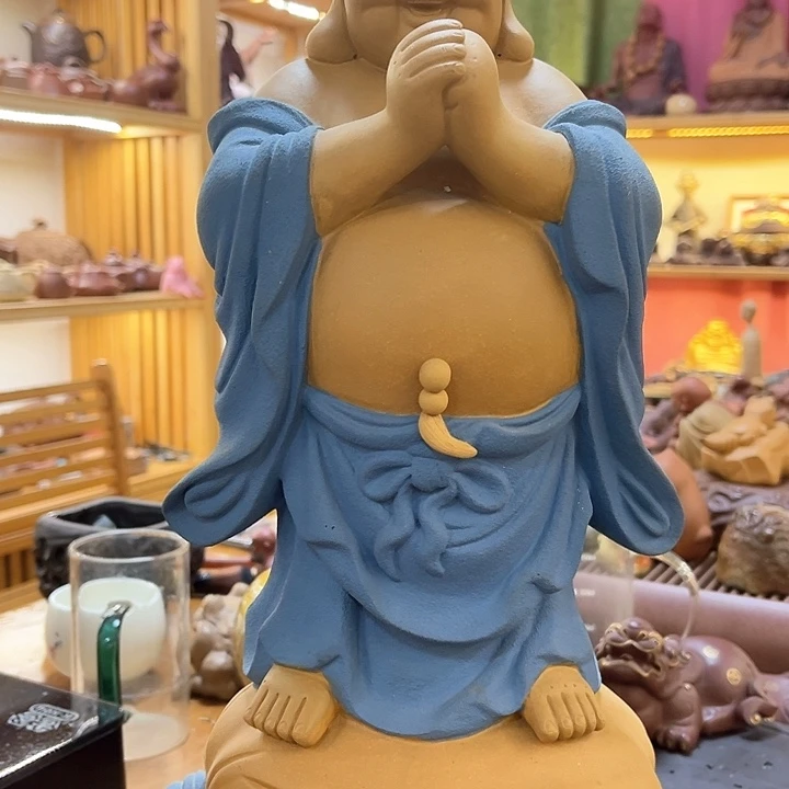 紫砂茶杯炫*紫砂钱袋弥勒茶宠摆件