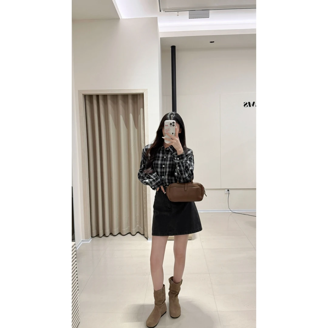 韩系复古格子长袖衬衫休闲上衣宽松慵懒风百搭衬衣外套2025秋新款