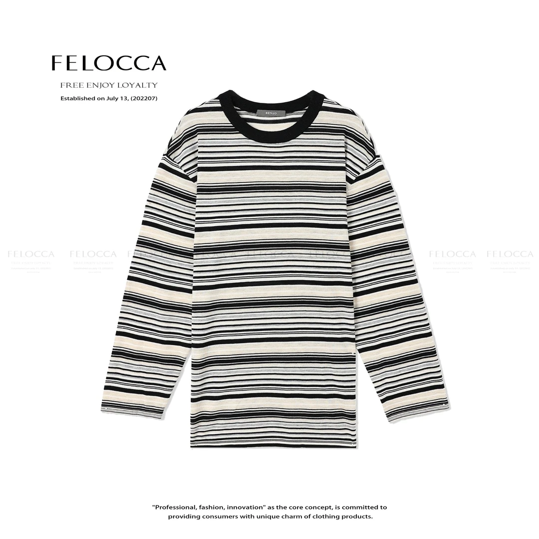 【FELOCCA】百搭时尚休闲黑边领口圆领条纹长袖宽松T恤BA-C4156