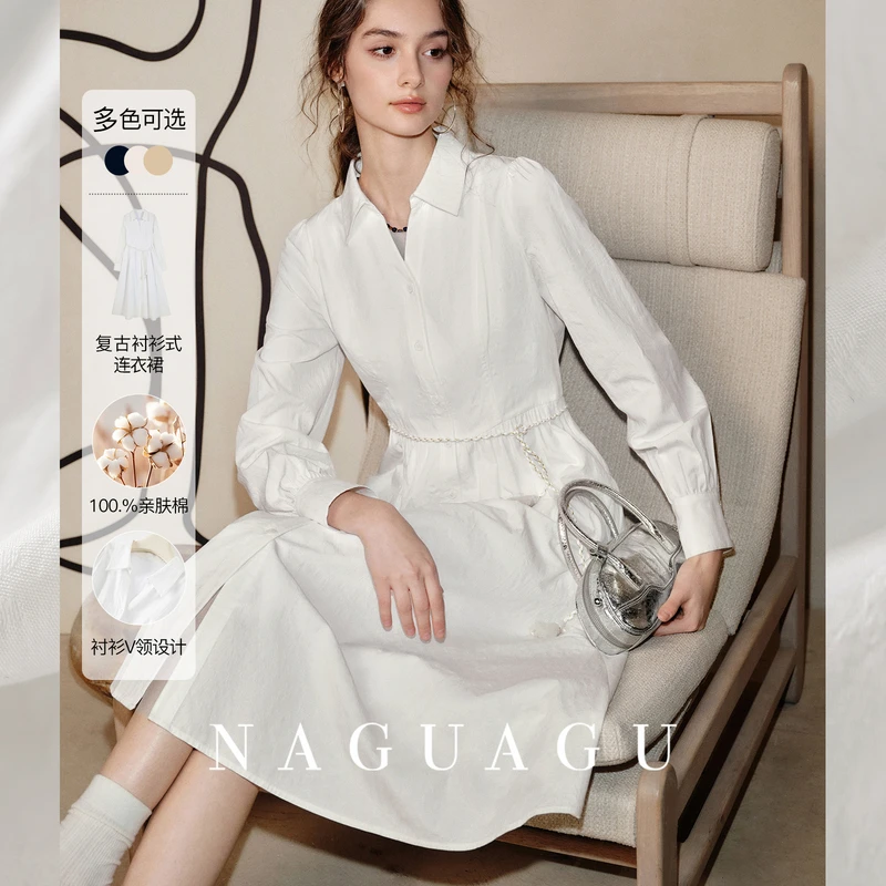 【威尼斯恋人】100.%亲肤棉 雾面小提花法式复古V领衬衫式连衣裙