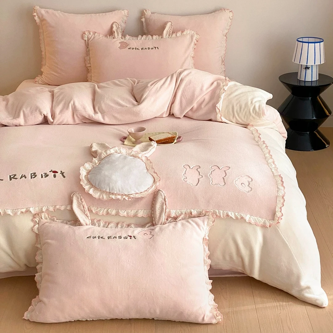 高品质-可爱少女心冬季加厚真牛奶绒四件套公主风粉色被套-米粒兔