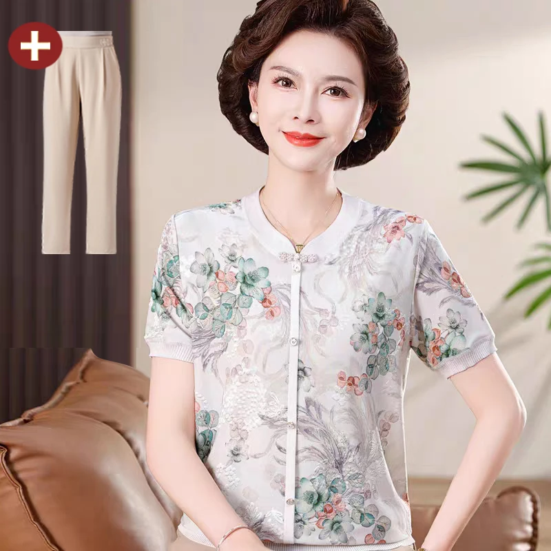 母亲节2025夏季新款妈妈装短款T恤上衣服中老年女装国风气质小衫