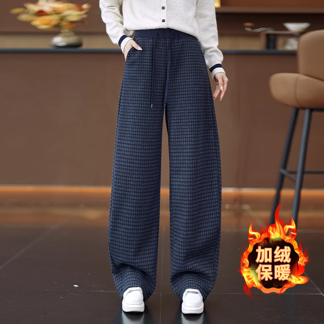 加绒加厚休闲阔腿裤女2025新款休闲裤高腰弯刀裤格子时尚秋冬裤子