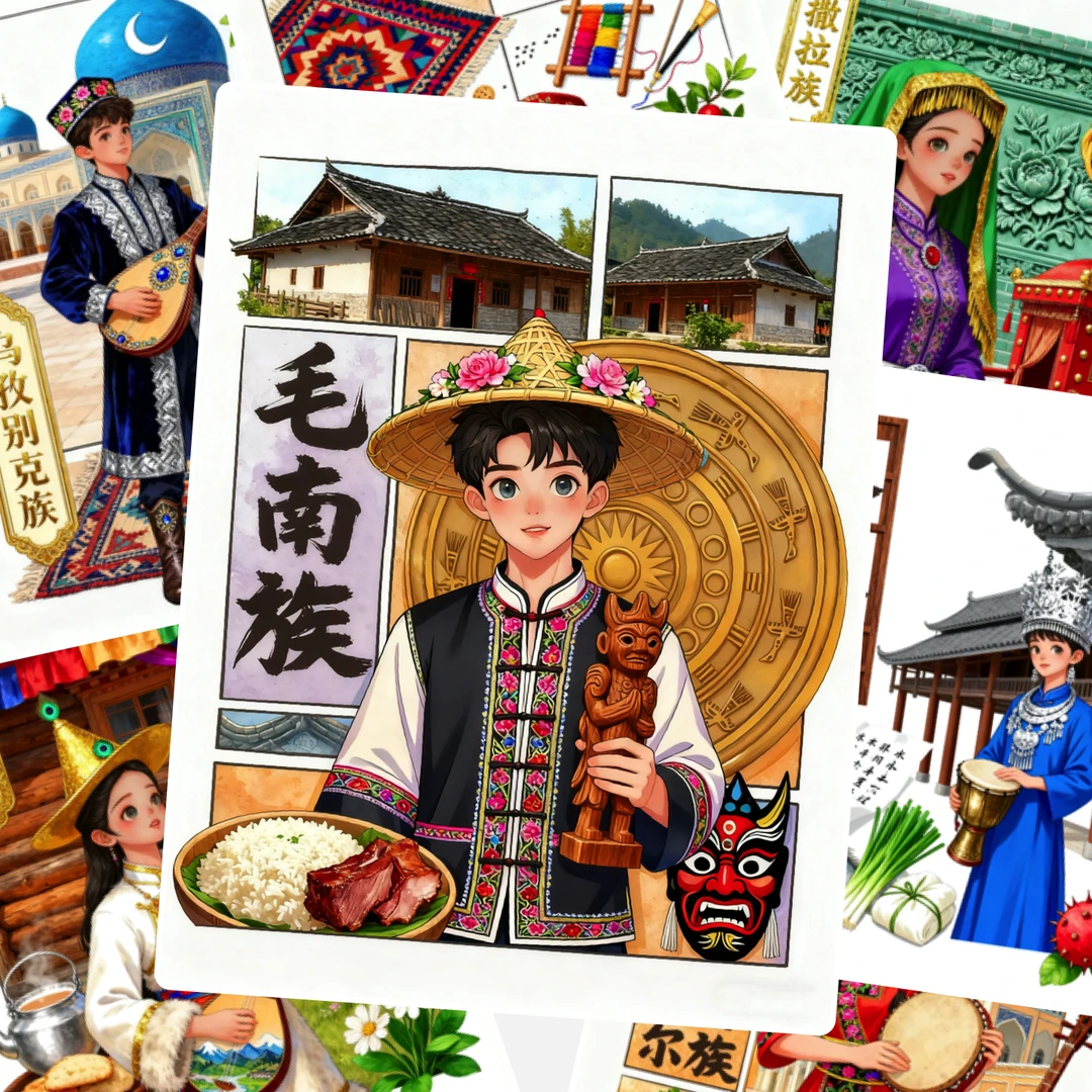 马克笔56个民族临摹卡儿童创意美术明信片卡通动漫特色民族风分镜
