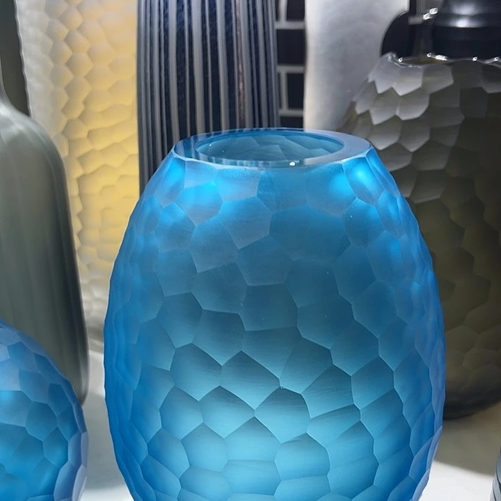 琉璃手工艺品兰色磨刻花瓶花器高28口7