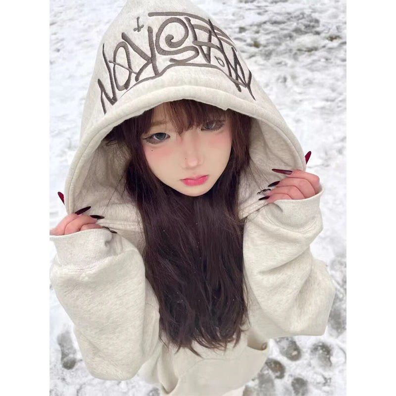 美式字母刺绣灰色连帽卫衣女加绒加厚oversize宽松情侣外套上衣潮