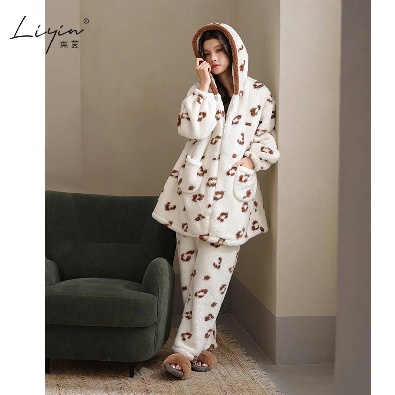 栗茵原创冬季舒棉绒女士睡衣韩系加厚保暖可外穿珊瑚绒家居服套装