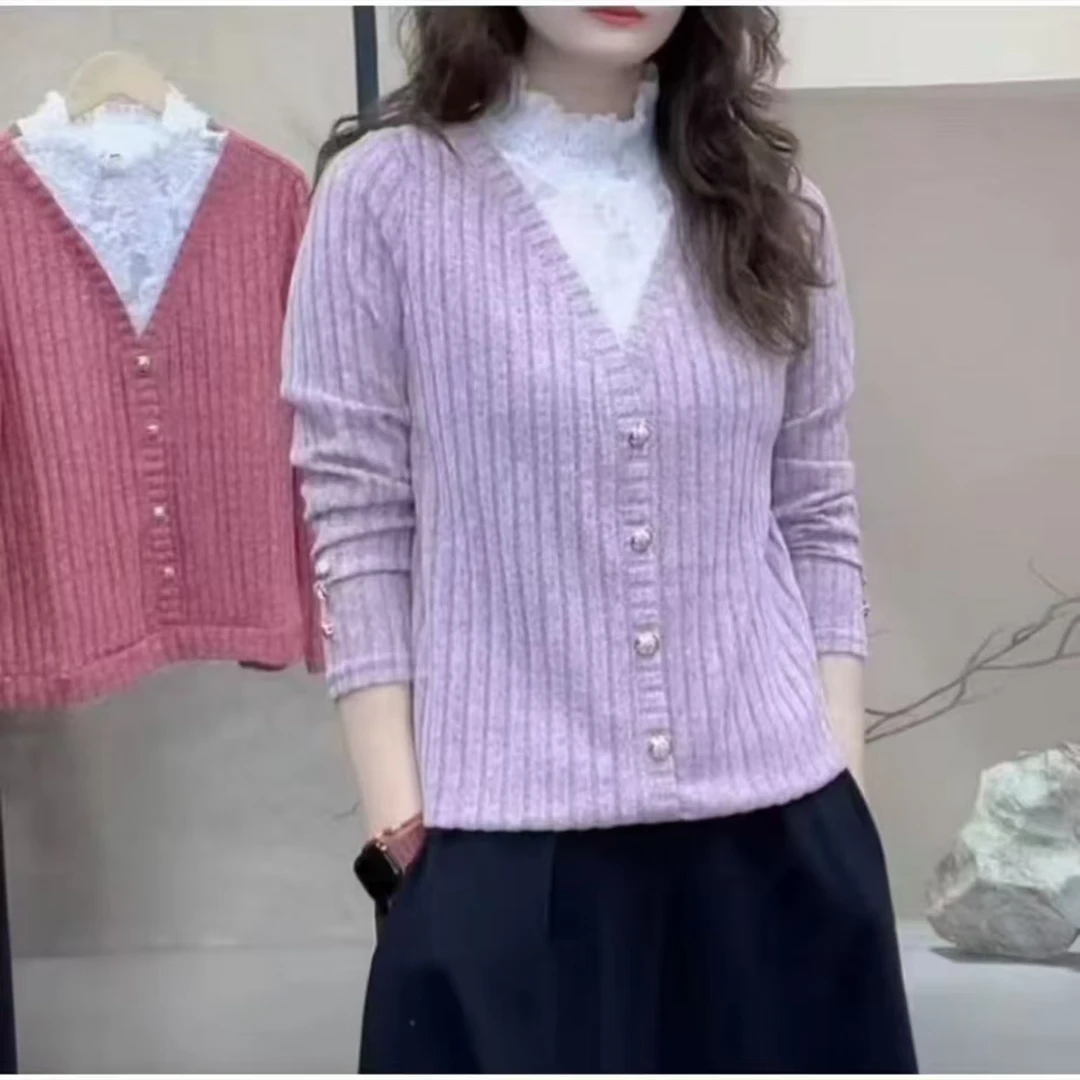 【爆款】春季新款半高领气质百搭时尚蕾丝打底衫宽松