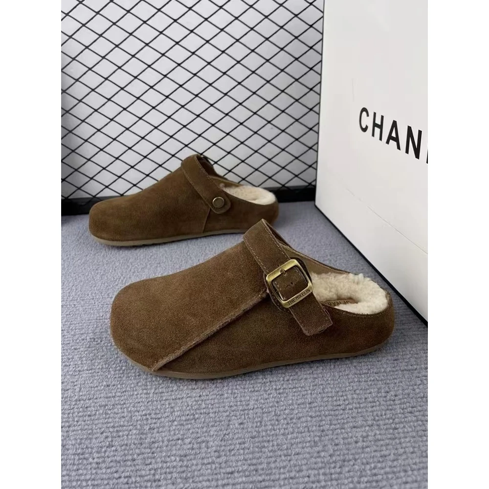 冬季新款勃肯拖鞋女百搭时尚包头磨砂皮加绒保暖外穿鞋H5-75-13