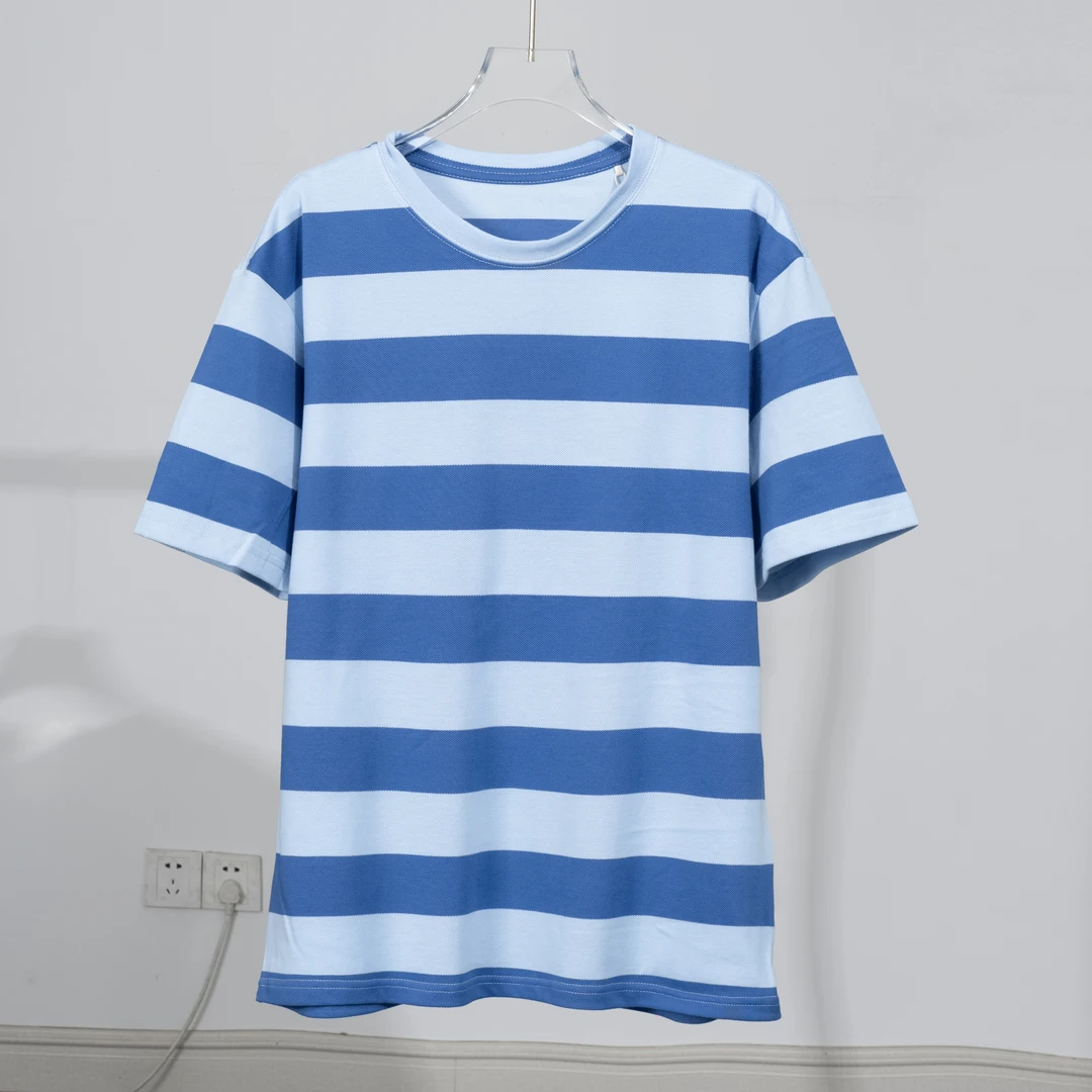 品牌代工厂100%纯棉男女同穿简约条纹短袖